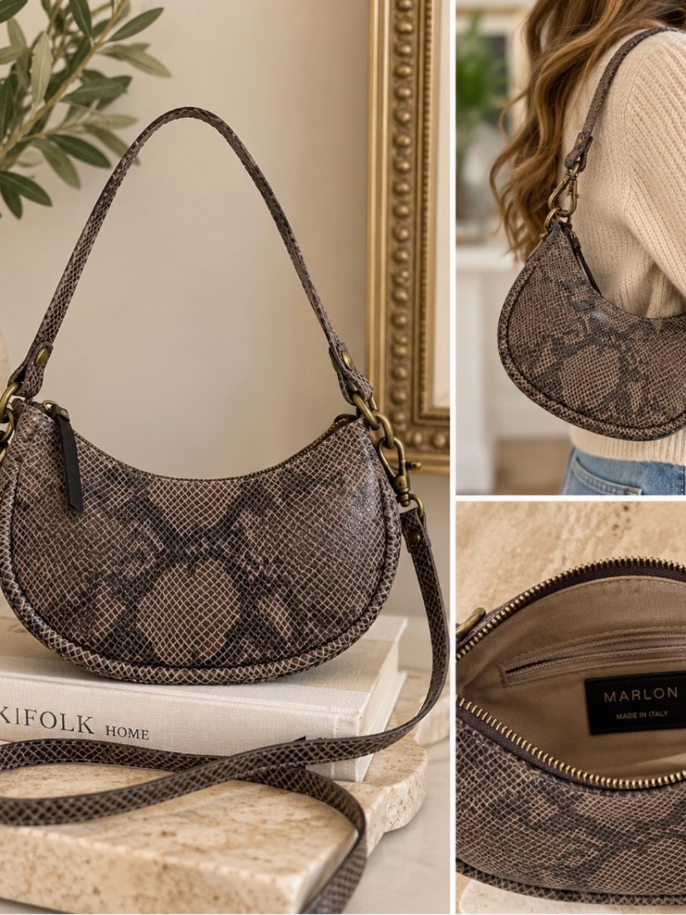 Textured Snake-Print Crescent Shoulder Bag in Brown